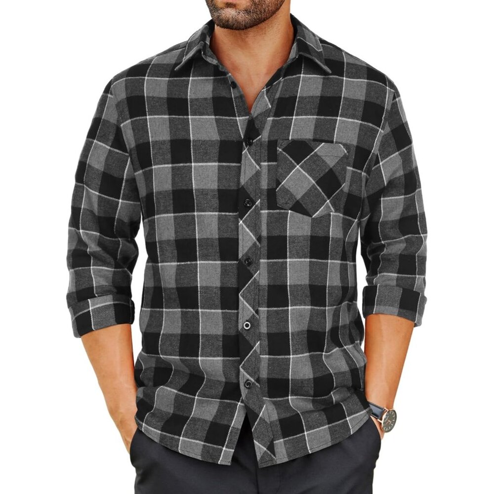 Men's Grey Flannel Plaid Shirts Long Sleeve Button Down Casual Fall Shirt